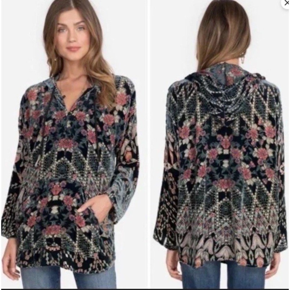 Johnny Was Pete & Greta Velvet Floral Geometric Burnout Hoodie Large Boho